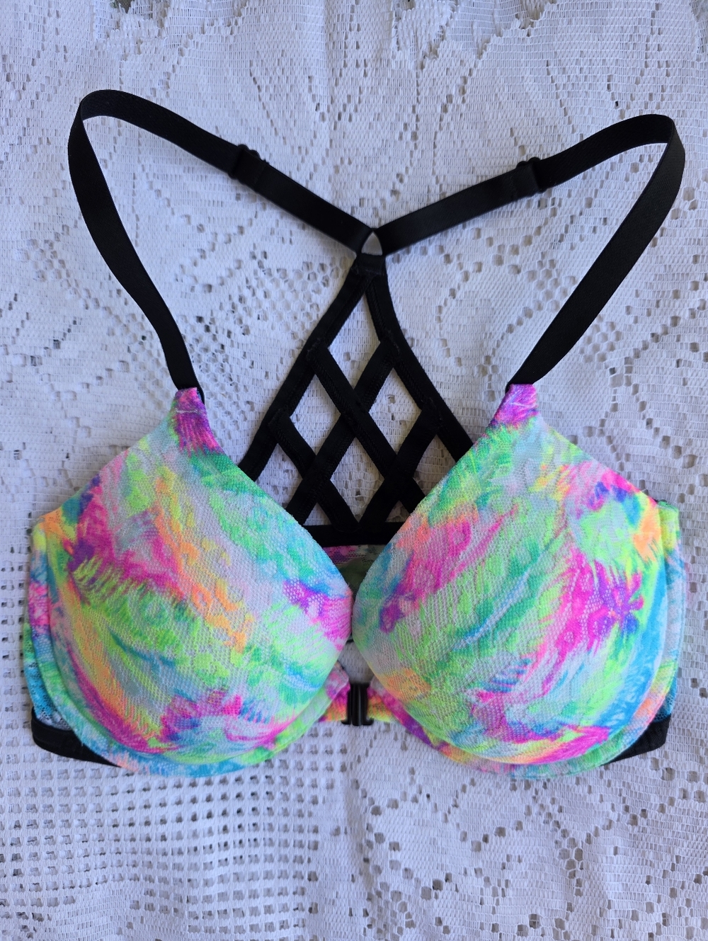 PINK Victoria's Secret Push Up Bra 32DD Front Closure Lace Underwire Padded Neon